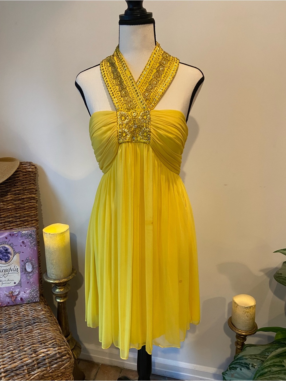 Yellow Strapless Sequin Halter Chiffon Dress